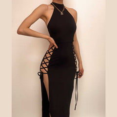Sleeveless solid hollow out slit lace up cut out midi dress