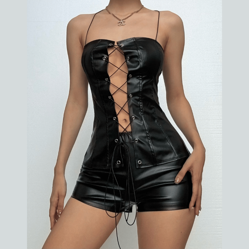 Lace up PU leather halter self tie metallic pant set