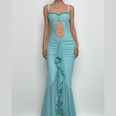 Ruffle ruched lace hem hollow out cami cut out maxi dress
