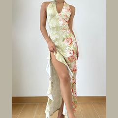 Slit ruffle flower print halter ruched mini dress