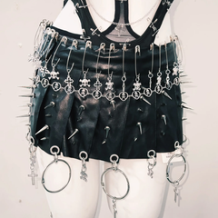 Hollow out metal chain skull applique v neck bodysuit