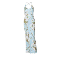 Flower print u neck cross back backless cami midi dress-final-sale