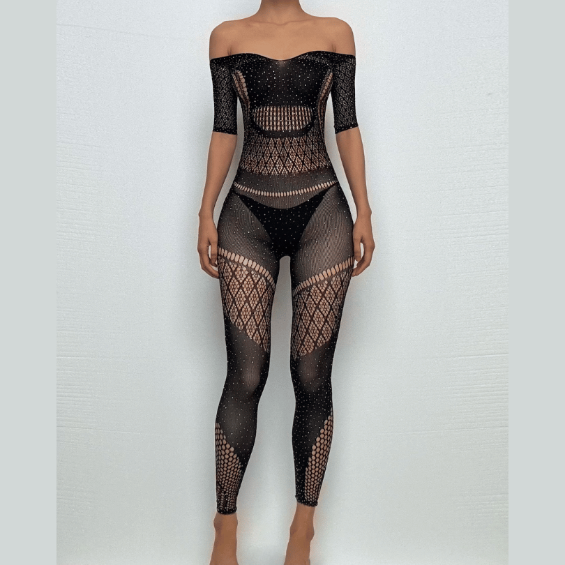 Short sleeve halter off shoulder net patchwork rhinestone bodystocking