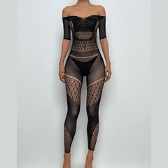 Short sleeve halter off shoulder net patchwork rhinestone bodystocking