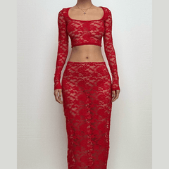 Long sleeve lace see through solid midi skirt set
