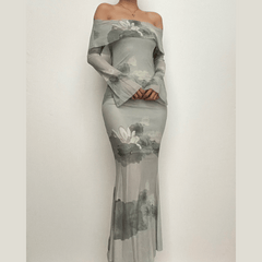 Mesh flower print off shoulder contrast long sleeve midi dress
