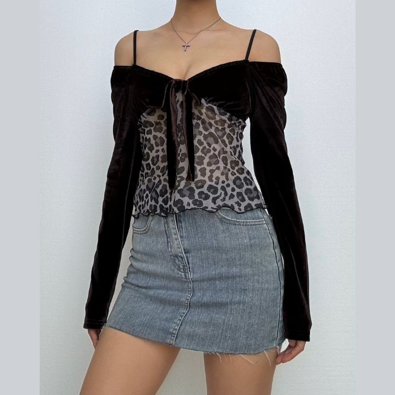 Long sleeve bowknot velvet patchwork leopard print top