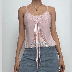 Lace patchwork ruffle ribbon mesh knotted cami top