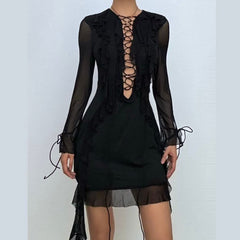 Long sleeve lace up ruffle self tie mesh mini dress-final-sale