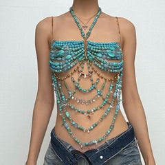 Halter beaded metal chain backless hollow out cut out top
