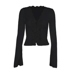 Long sleeve v neck lace hem button top