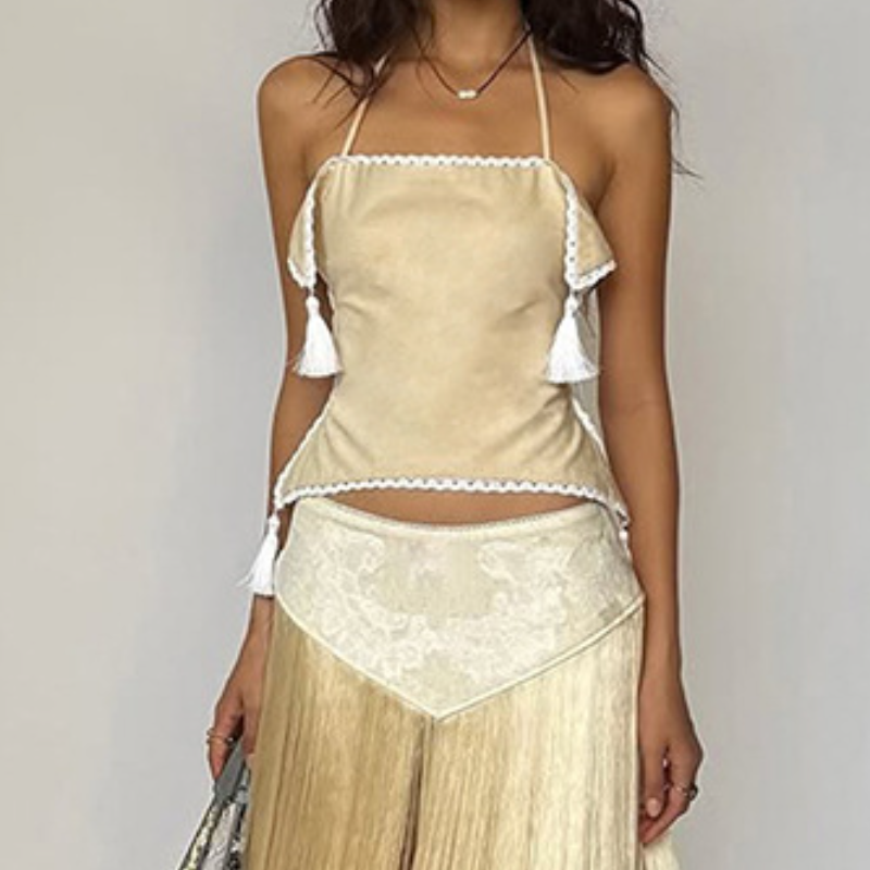 Self tie halter lace hem square neck backless top