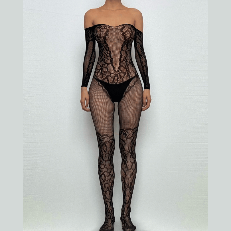 Long sleeve off shoulder fishnet pattern bodystocking