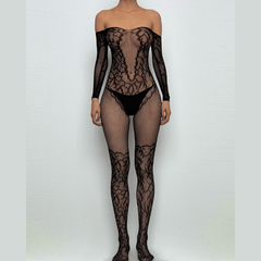 Long sleeve off shoulder fishnet pattern bodystocking