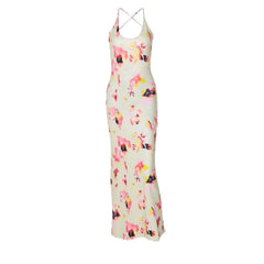 Flower print u neck cross back backless cami midi dress-final-sale