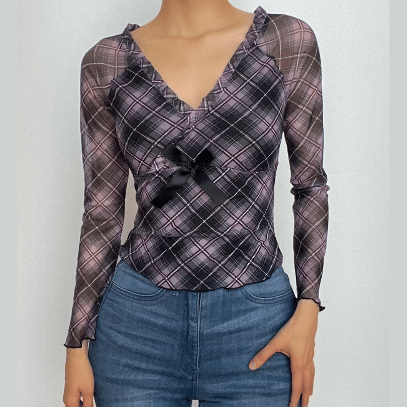 Plaid ruffle v neck mesh contrast top-final-sale