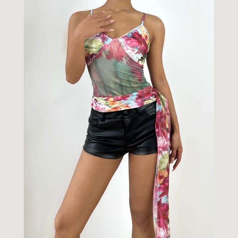 V neck flower print mesh cami top