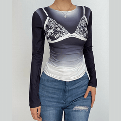 Long sleeve body print gradient crewneck contrast top-final-sale