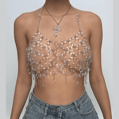 Metal chain plastic crystal halter backless crop top
