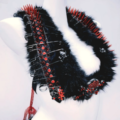 Halter self tie o ring fluffy skull applique mini skirt set