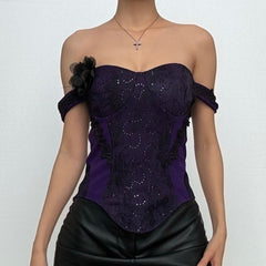 Off shoulder embroidery glitter flower applique top