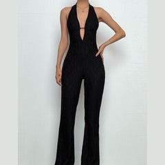 Halter self tie deep V neck lace backless jumpsuit