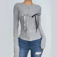 Bowknot applique contrast long sleeve round neck top-final-sale