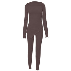 Long sleeve irregular ruched solid pant set