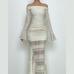 Long flared sleeve off shoulder lace ruffle maxi dress