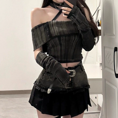 Off shoulder denim raw hem mini skirt set