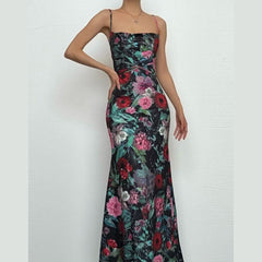 Cowl neck flower print contrast backless cami maxi dress-final-sale