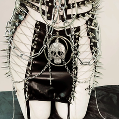 PU leather metal chain skull applique belt top