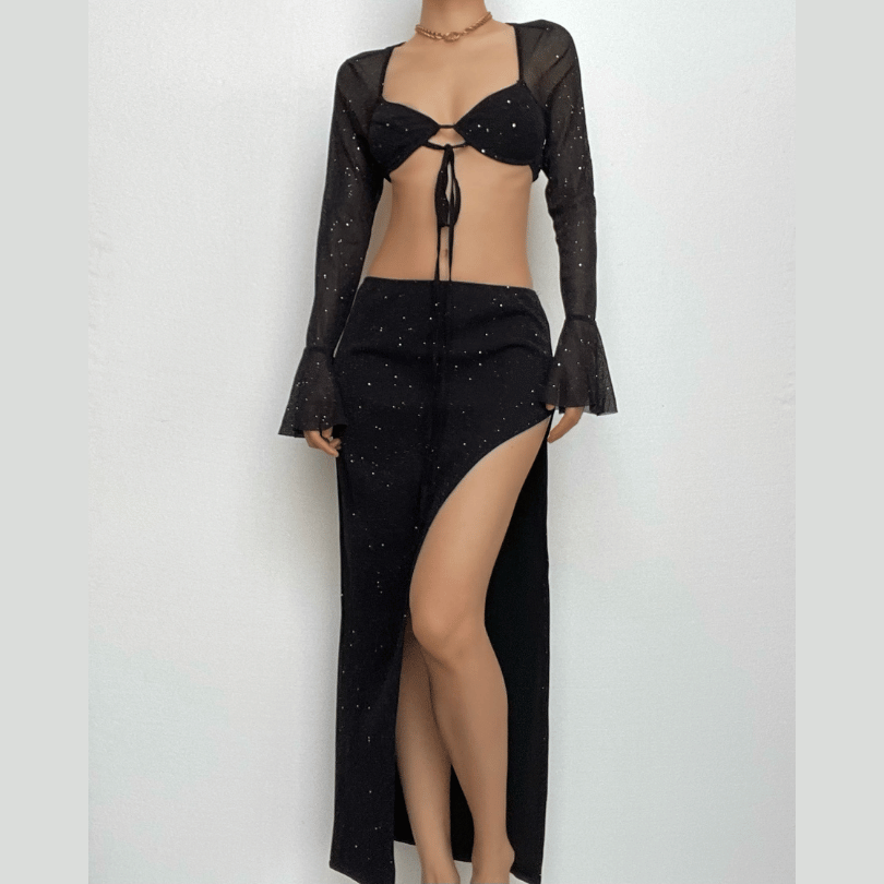 Self tie long sleeve textured backless slit low cut midi skirt set-final-sale