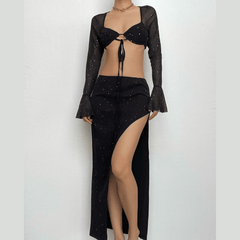 Self tie long sleeve textured backless slit low cut midi skirt set-final-sale