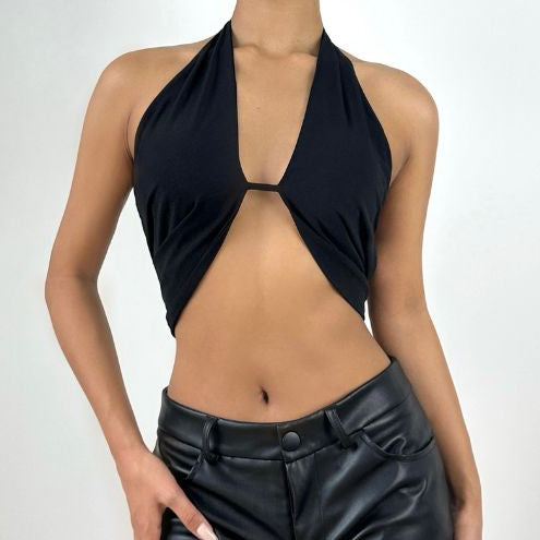 Halter backless self tie ruched top