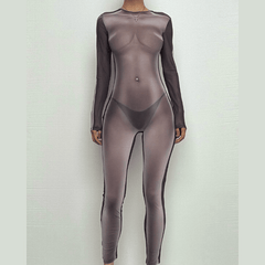 Long sleeve crewneck body print zip-up sheer mesh jumpsuit-final-sale
