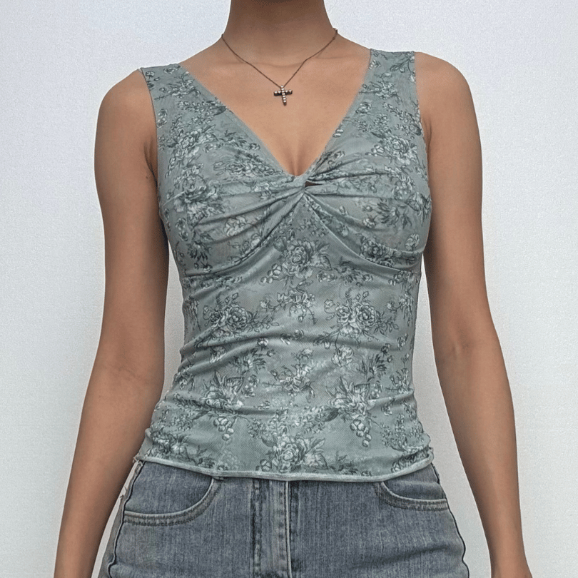 V neck ruched flower print tank top