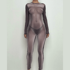 Long sleeve crewneck body print zip-up sheer mesh jumpsuit