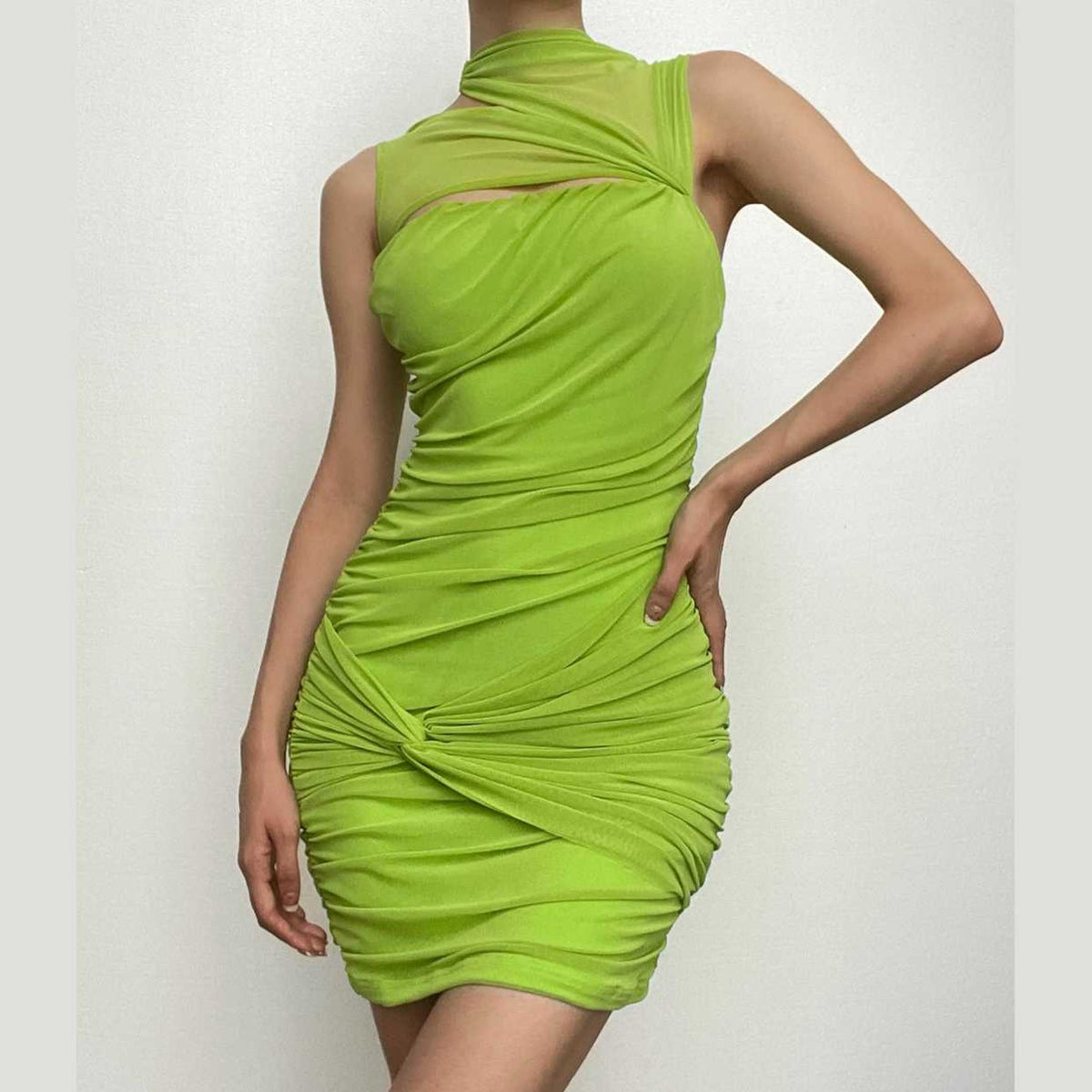 Sleeveless irregular hollow out mesh knotted ruched cut out mini dress-final-sale