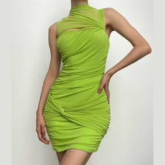 Sleeveless irregular hollow out mesh knotted ruched cut out mini dress-final-sale