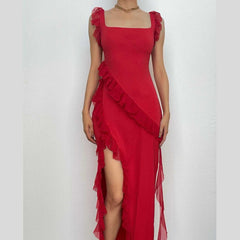 Ruffle cap sleeve slit square neck irregular solid maxi dress-final-sale