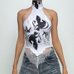 Halter button lace hem print backless top