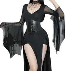 Long flared sleeve mesh high slit corset maxi dress