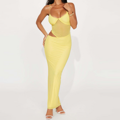 Mesh patchwork hollow out cami cut out maxi dress