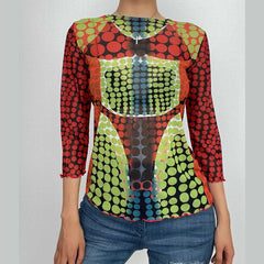 Sheer mesh long sleeve polka dot thermal contrast ruffle 2-way top-final-sale