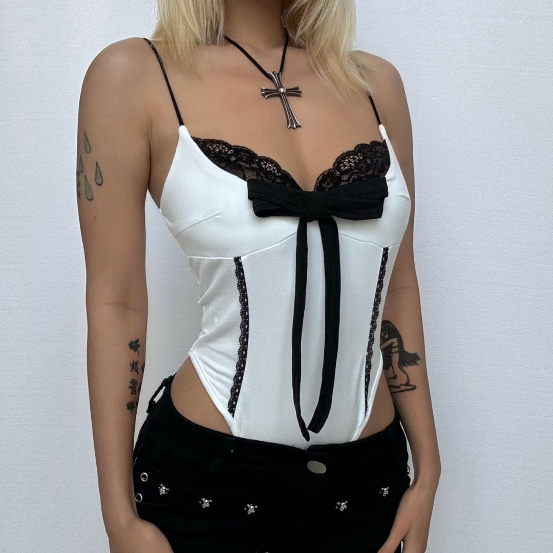 Lace hem bowknot cami bodysuit