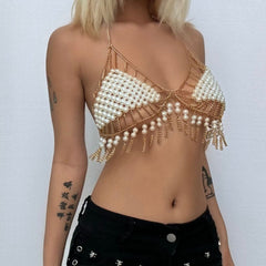 Halter tassels beaded metal chain hollow out cut out top