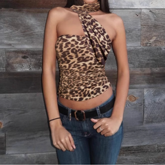 Halter leopard print ruched irregular top