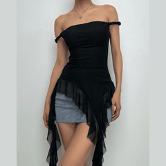Off shoulder ruffle irregular mesh top