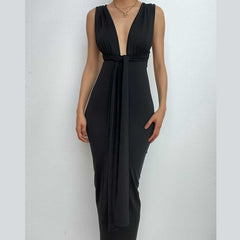 Ruched backless slit ribbon v neck knotted solid maxi dress-final-sale